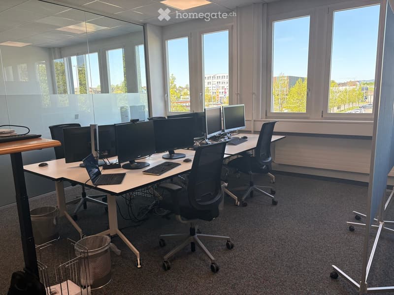 Office room with desks, chairs, monitors, keyboards, mice, trash bins, and windows