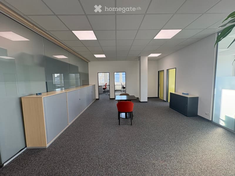 Empty office space with glass walls, carpeted floor, wooden cabinets, desks, and chairs.