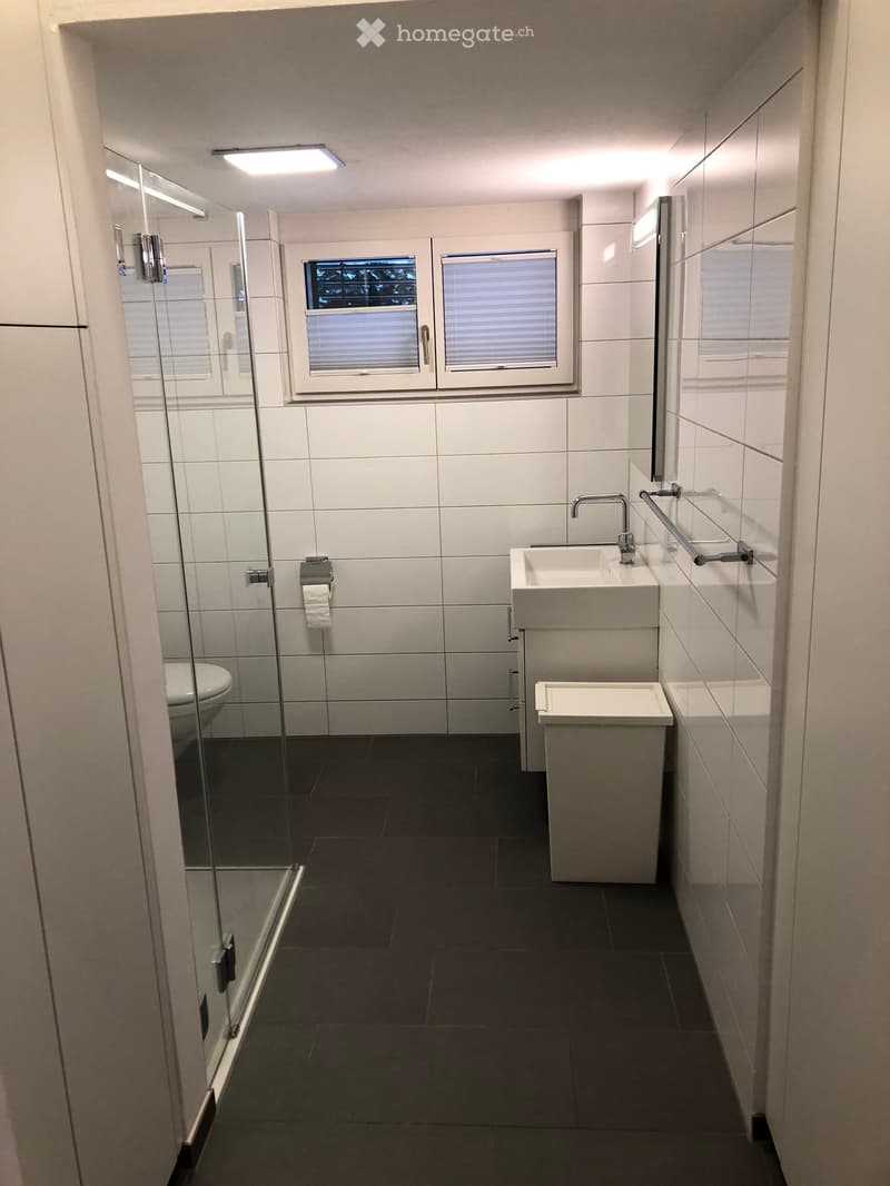 Modern bathroom with white tiles, dark grey floor, double sink, mirror, toilet, and glass-enclosed shower. Features a window with blinds and a towel rack.