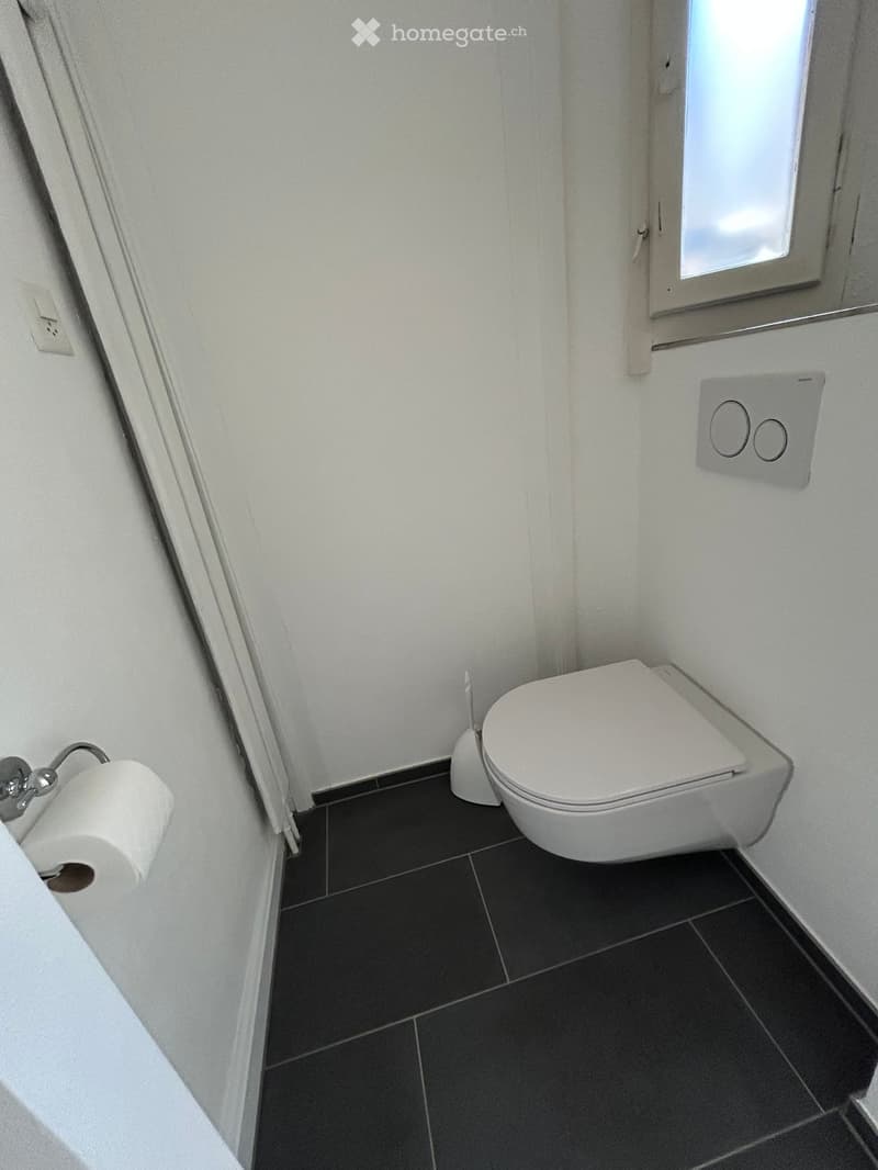 Modern bathroom with white walls, black tiled floor, toilet, toilet paper holder, and a window with blinds.