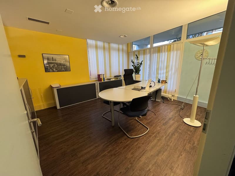 empty office with wooden floor, yellow wall, table, chairs, lamps, cabinets, frame on wall, potted plant, books, clock