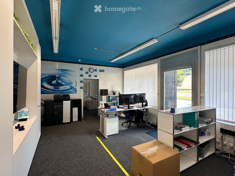 Office space with a desk, computer monitors, printer, shelves, and a clock on the wall.