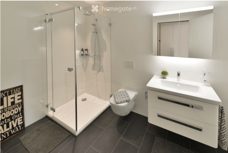 Modern bathroom with a glass-enclosed shower, toilet, sink with a modern faucet, and a large mirror above the sink. The shower has a built-in shelf for toiletries.