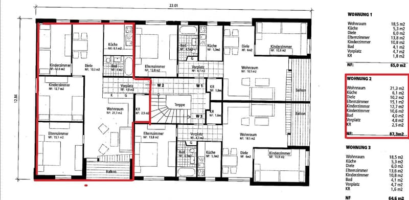 Floor plan of a multi-unit building with three apartments, each featuring living rooms, bedrooms, kitchens, bathrooms, and balconies.