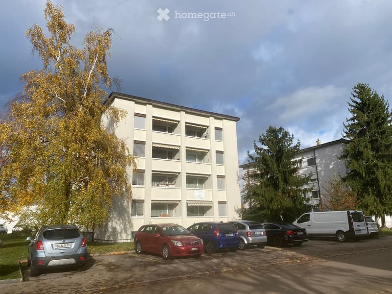 Four-story residential building with balconies, surrounded by trees and parked cars.