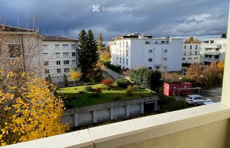 Balcony view showing a multi-story residential building complex, green lawn, trees, and parked cars.
