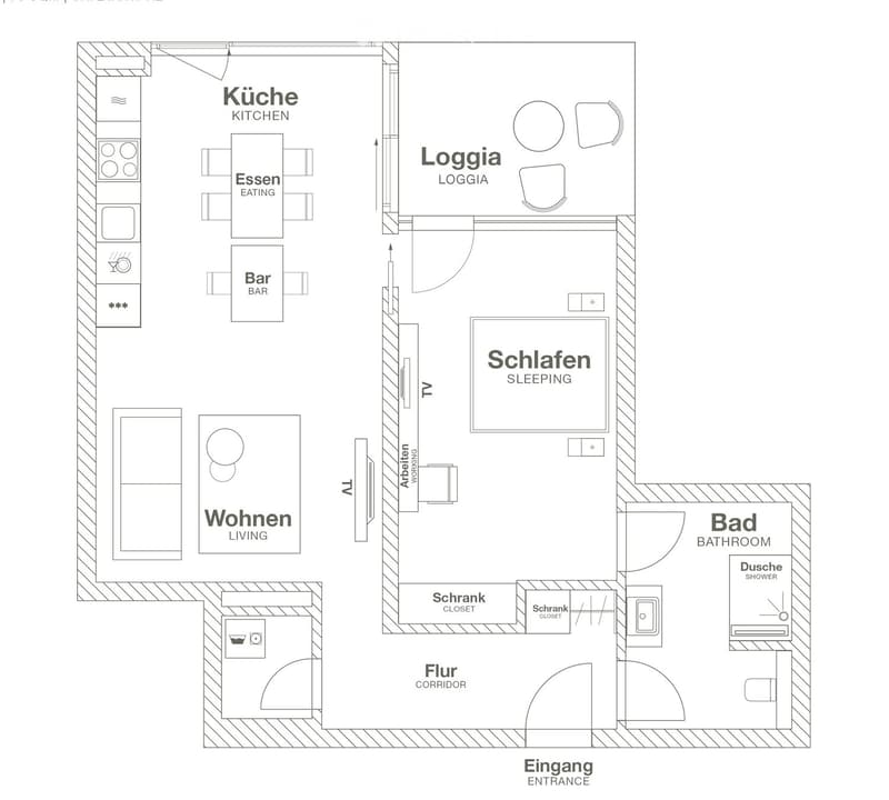Layout includes kitchen, living area, sleeping area, bathroom, loggia, and entrance corridor.