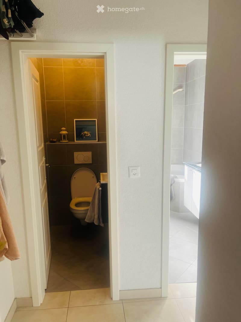 A small bathroom with a toilet, a towel hanging on the side, a picture frame, and a lantern on the shelf. The adjacent room shows part of a bathtub and a sink.