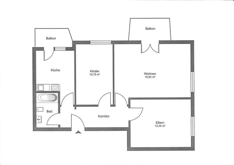 Floor plan of a 3-room apartment with a living room, bedroom, kitchen, bathroom, and two balconies.