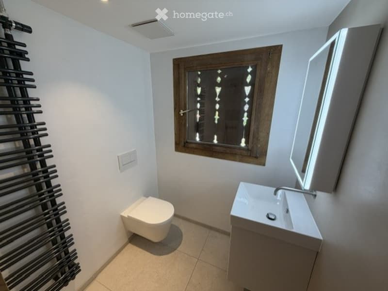 Modern bathroom with white tiled floor, a toilet, a sink with a mirror, and a radiator on the wall.