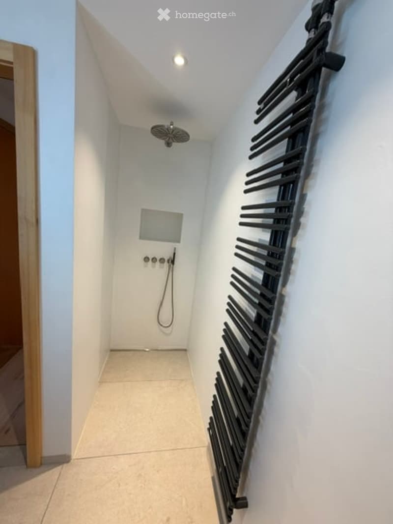 Modern, minimalist bathroom with a sleek shower area, a built-in radiator, and a recessed ceiling light.