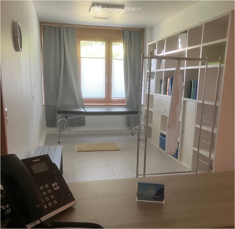 A furnished room with a table, telephone, chair, shelf, curtain, bench, and rug.