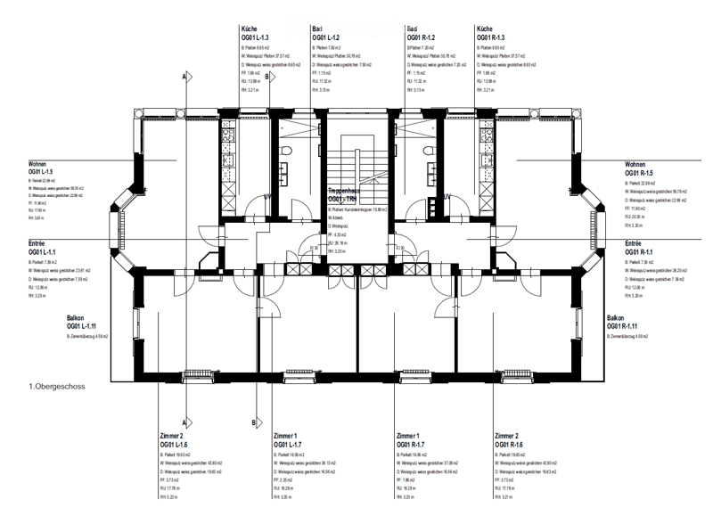 Floor plan of a two-story house with labeled rooms including kitchen, bathrooms, living areas, bedrooms, and balconies.