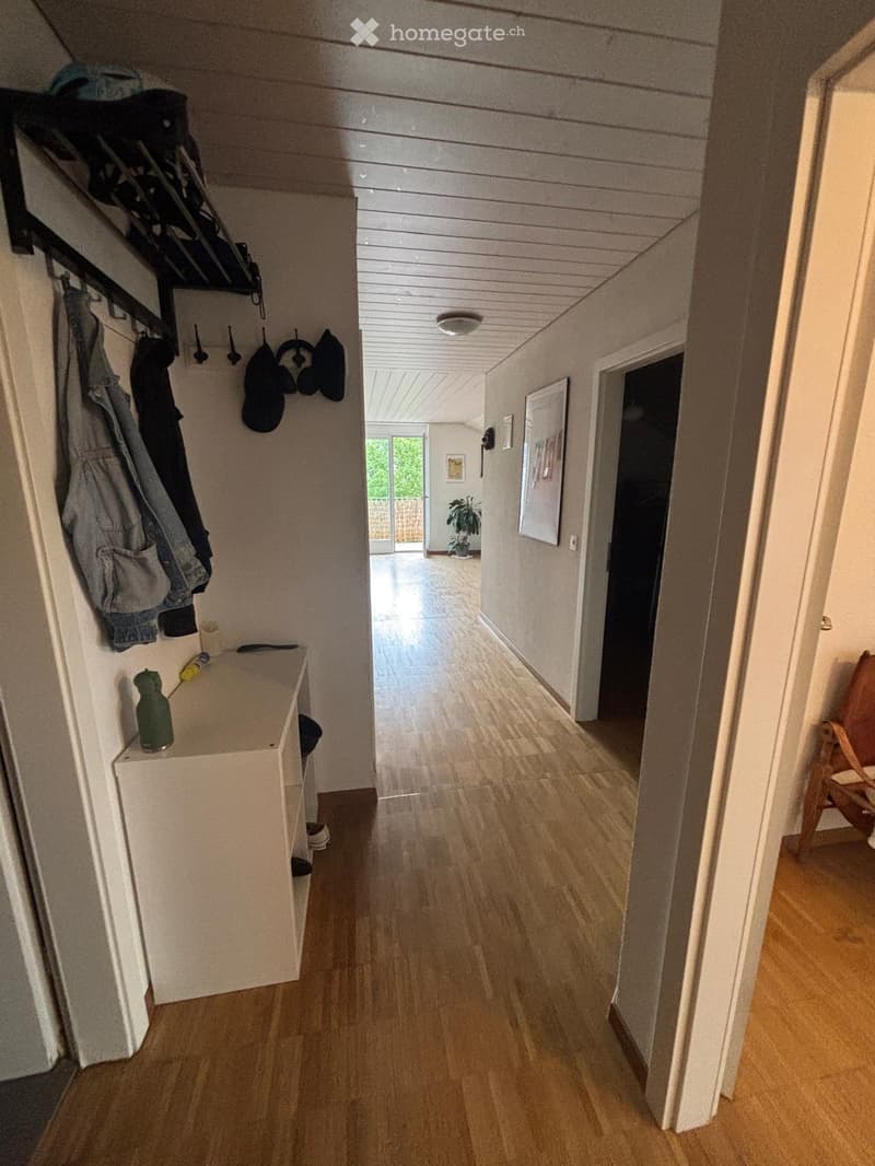 A well-lit hallway with wooden flooring, white walls, and built-in storage on the left side. The hallway leads to an open area with a view of a plant and a door to the outside.