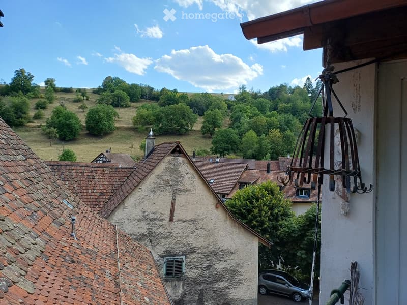 View of traditional European village rooftops with red-tiled roofs, stone walls, and a hanging lantern fixture on a white wall. The background shows a green, hilly landscape with trees and a distant house.