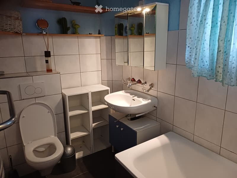 Modern bathroom with white tiles, a toilet, a sink with a mirror cabinet, a bathtub, and a shelf with decorative items.