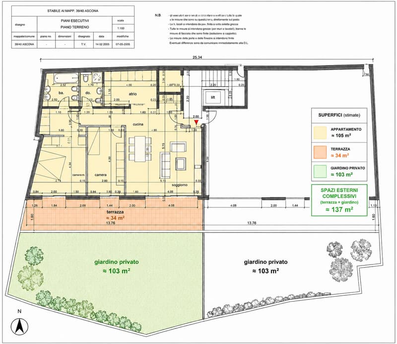 Floor plan of a ground floor showing an apartment, terrace, and private garden. Includes labeled rooms such as bathroom, doorway, atrium, kitchen, living room, bedroom, and additional spaces.