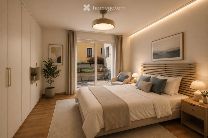Modern bedroom with a large bed, nightstand, armchair, and a view of a balcony through large glass doors.
