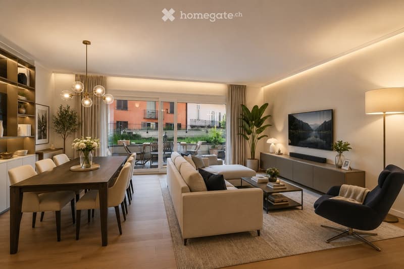 Modern open-plan living and dining area with a beige sofa, wooden dining table, chairs, TV, floor lamp, and decorative items.