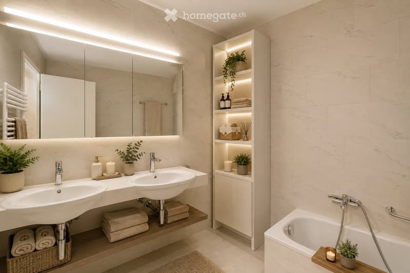 Modern bathroom with double sinks, a bathtub, built-in shelving, and decorative plants.