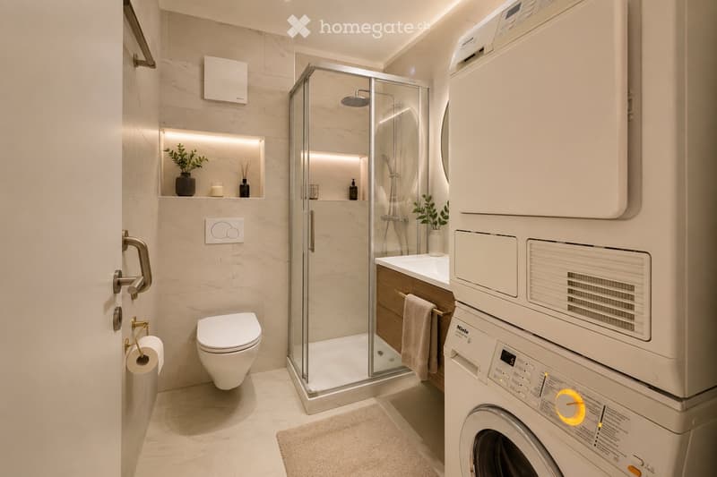 Modern bathroom with a toilet, glass-enclosed shower, sink, washing machine, dryer, and decorative plants.