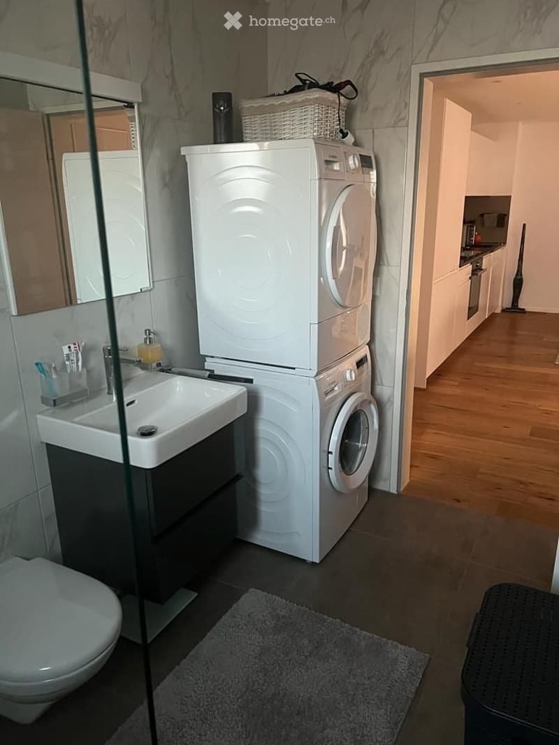 Modern bathroom with a white sink, toilet, and a stacked washing machine and dryer. A wicker basket sits on top of the dryer, and a mirror is mounted on the wall.