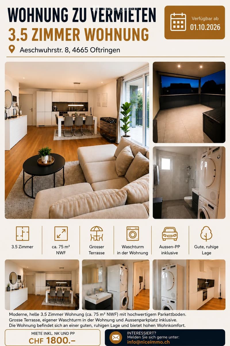 Advertisement for a 3.5-room apartment with modern furnishings, large terrace, and private laundry in the apartment. Includes kitchen, living room, and bathroom.