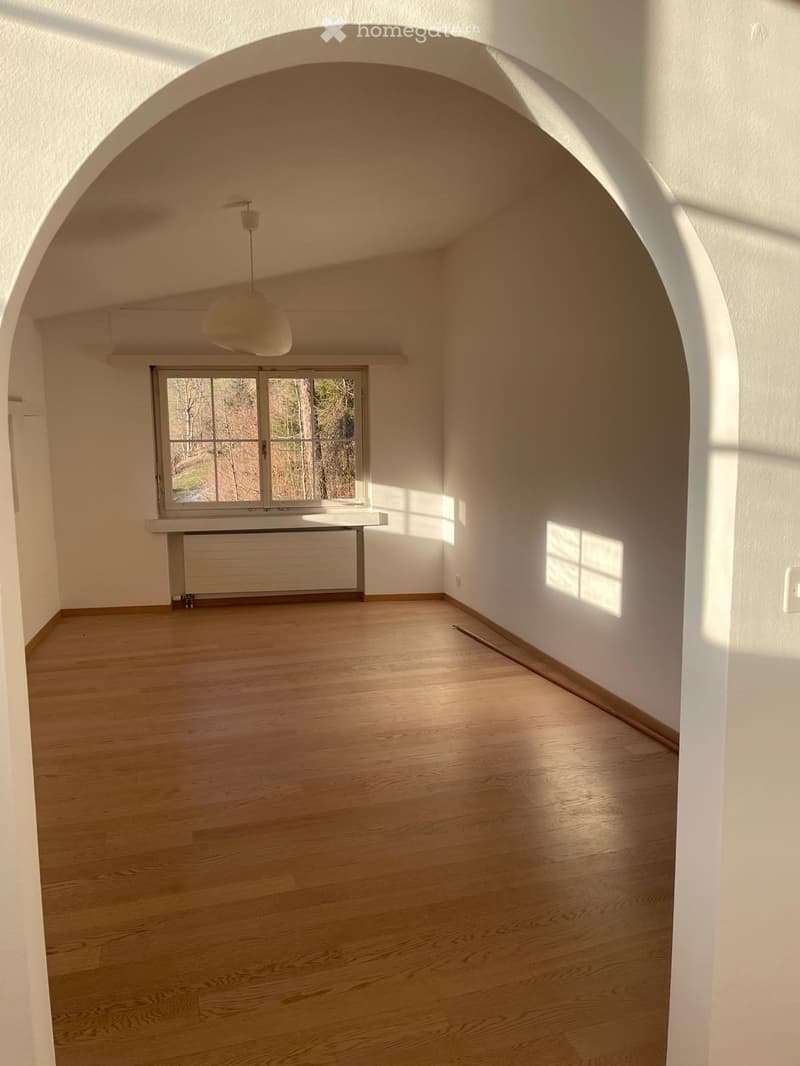 empty room, wooden floor, arched opening, large window, wooden trim, ceiling light