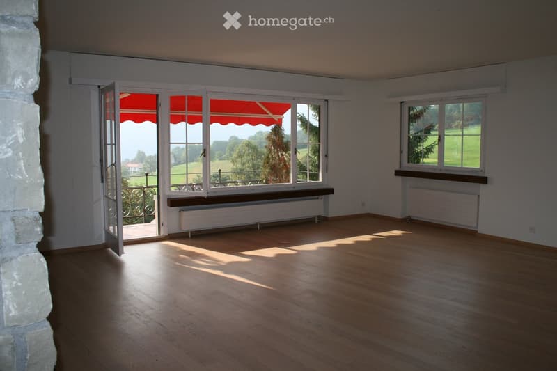 wooden floor, large windows, balcony, countryside view