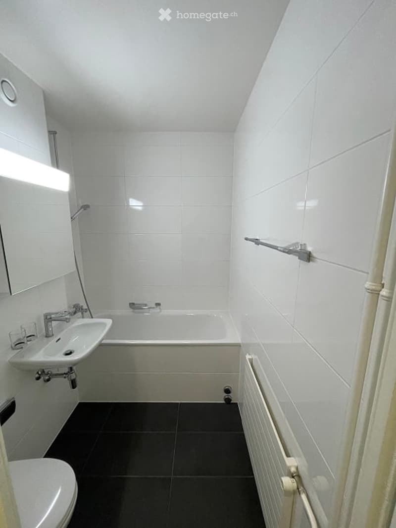 Modern bathroom with white tiles, black floor, sink, bathtub, toilet, mirror, and radiator.