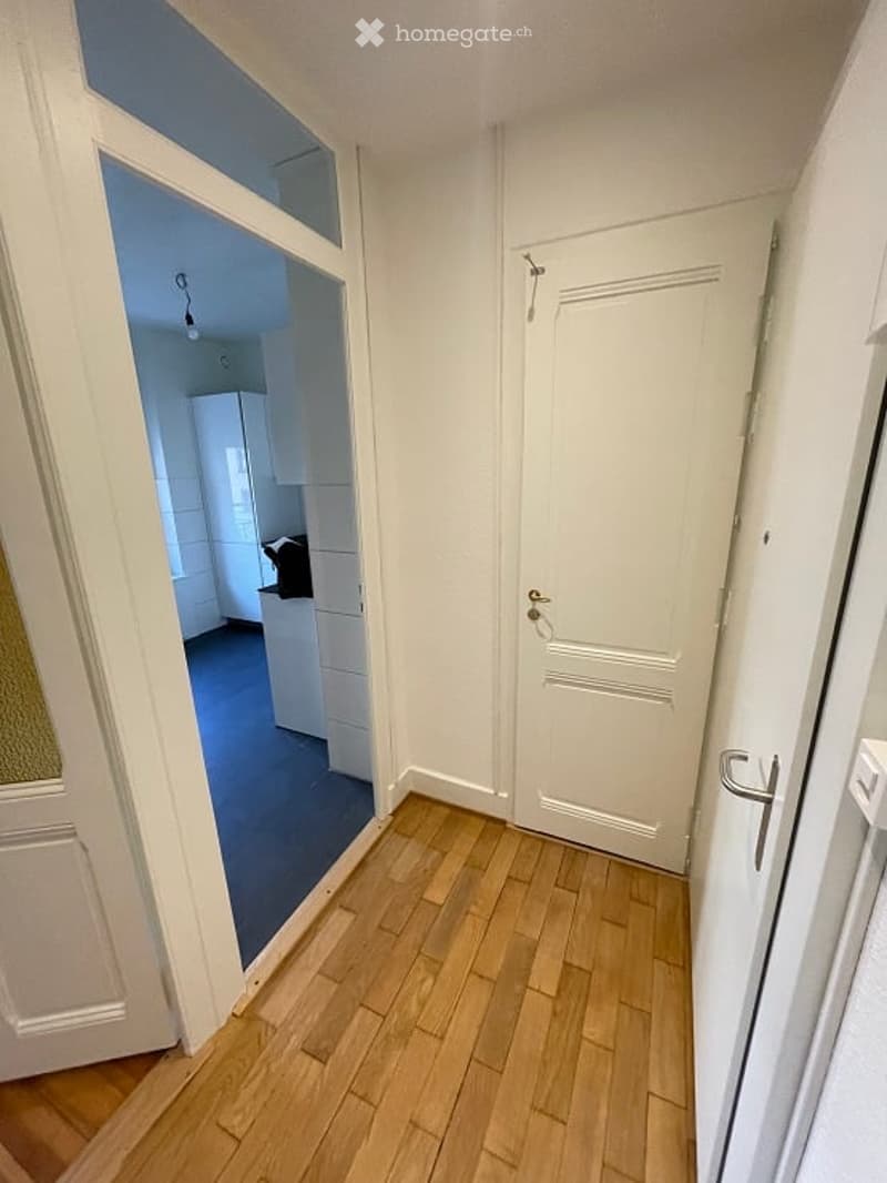 A narrow hallway with wooden flooring and white walls, leading to a room with white cabinets and a blue carpet.
