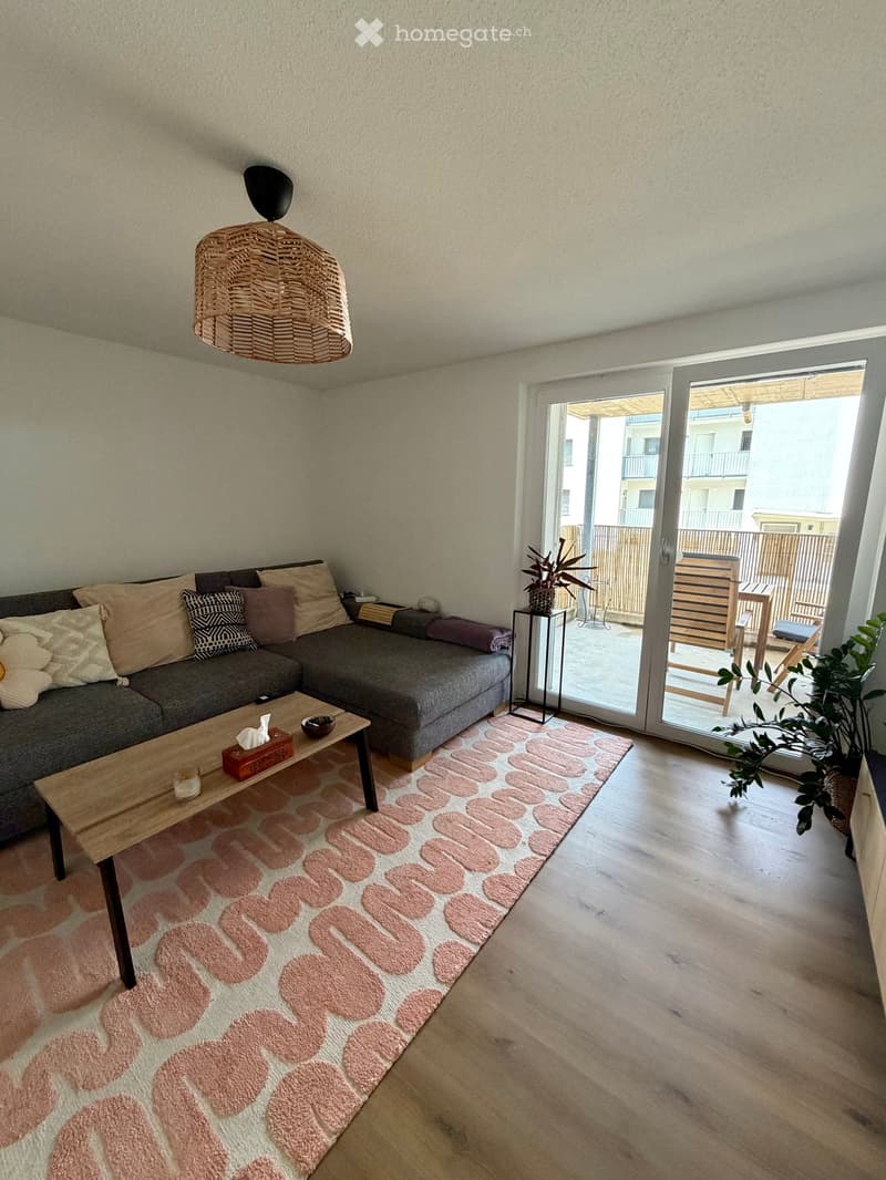 Modern living room with grey sectional sofa, wooden coffee table, patterned rug, and large sliding glass door leading to a balcony.