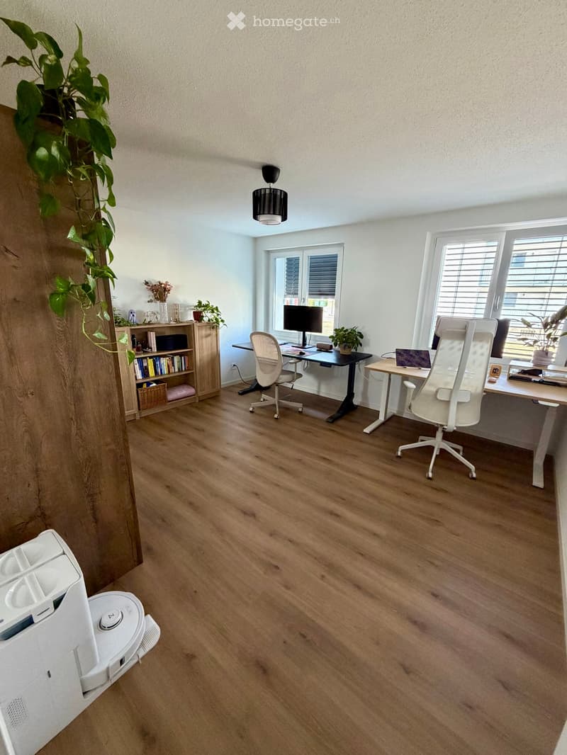 Modern office space with wooden flooring, two desks, chairs, a laptop, a screen, a bookshelf, and plants.