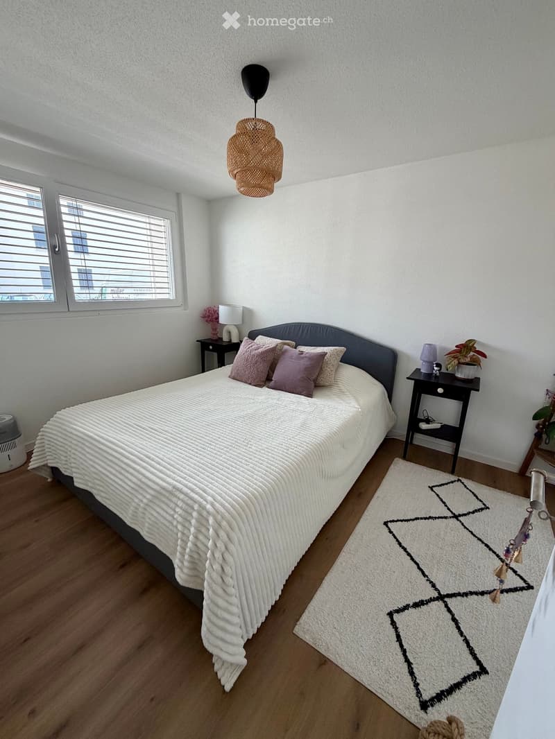 Modern bedroom with a large bed, white bedding, pink pillows, nightstands with lamps, a wicker pendant light, and a white rug with a geometric design.