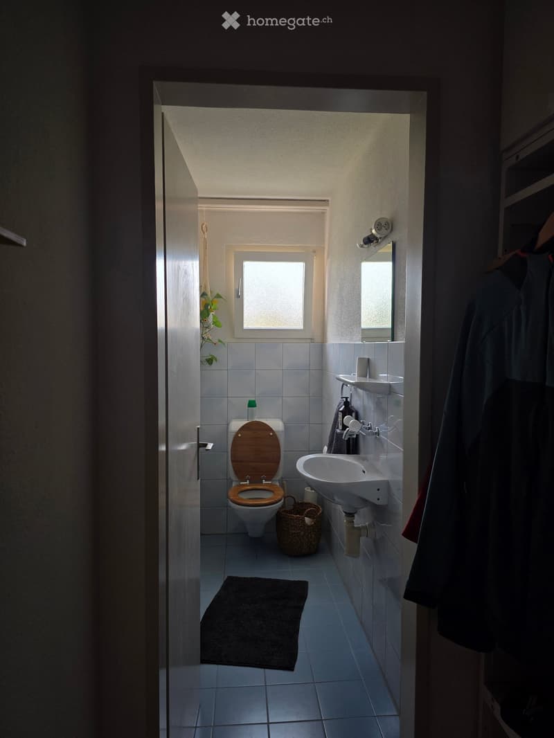 Modern bathroom with a toilet, sink, mirror, and wicker basket. The space features tiled walls and floor, a window for natural light, and a dark-colored rug in front of the toilet.