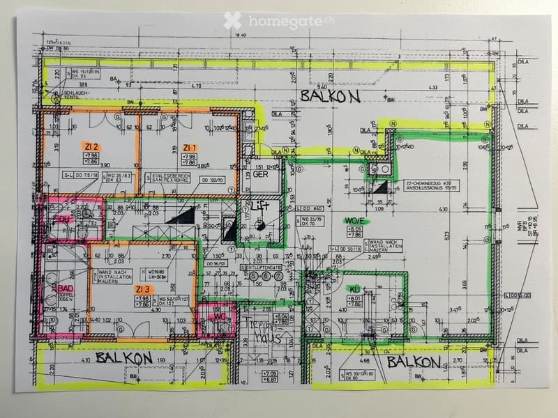 Floor plan showing multiple rooms including a living area, kitchen, bedrooms, bathrooms, and balconies. Includes labeled dimensions and technical details.