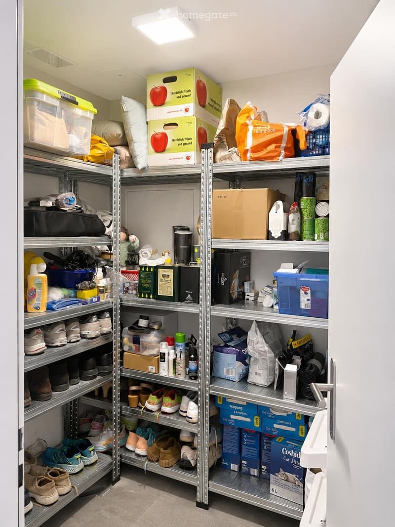 A well-organized storage room with metal shelving units filled with various household items, including shoes, cleaning supplies, boxes, and cat litter.