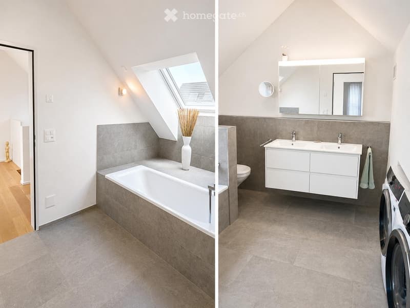 Two bathrooms: one with a bathtub and skylight window, the other with a double sink, mirror, and washing machine. Both have modern grey tiles and white fixtures.