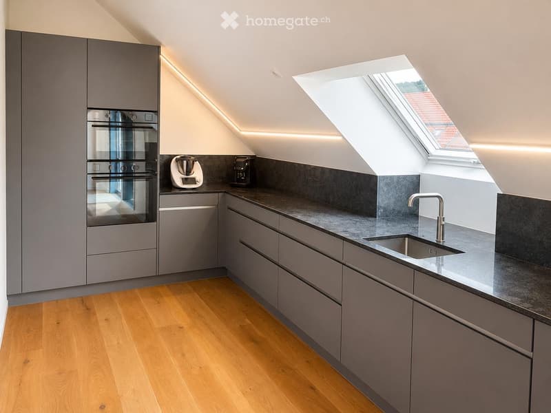Modern kitchen with grey cabinets, dark countertops, wooden flooring, and a skylight window above the sink.