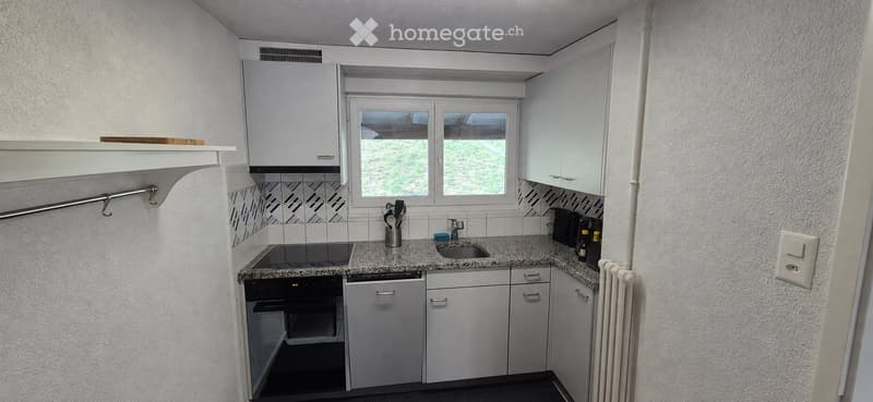 Compact kitchen with white cabinets, granite countertop, built-in oven, dishwasher, and sink. Features a window with a view of greenery, a radiator, and various kitchen utensils on the counter.