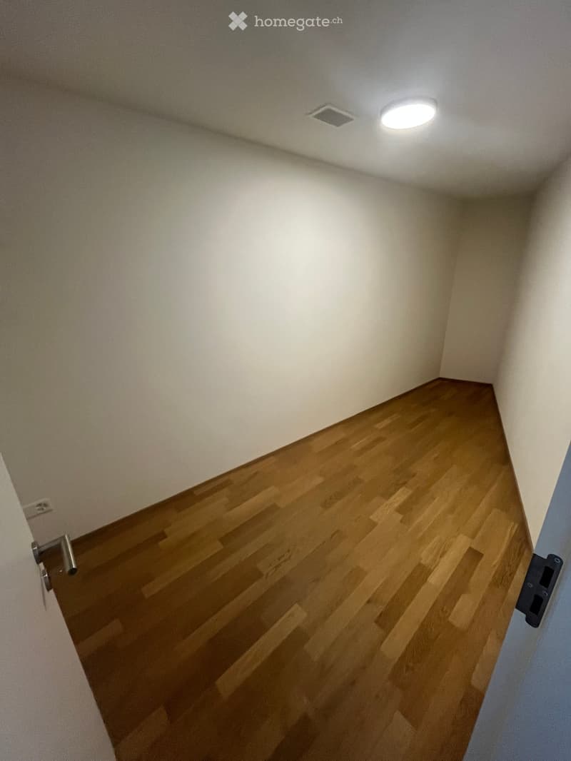 Empty hallway with wooden flooring, white walls, and a ceiling light fixture.