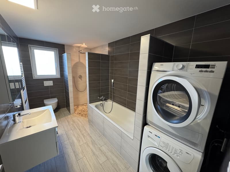 Modern bathroom with dark tiled walls, a bathtub, shower, sink, toilet, and stacked washer/dryer unit.