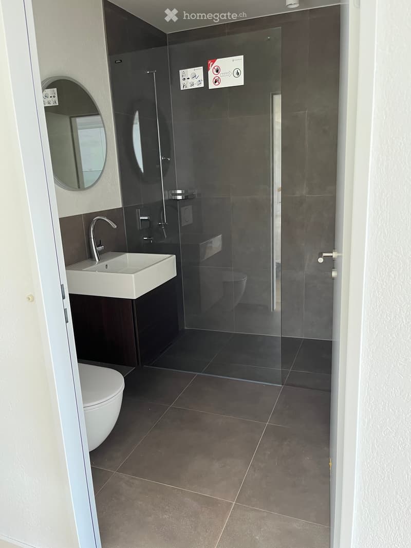 Modern bathroom with dark tiled walls and floor, white sink, toilet, and a glass-enclosed shower area.