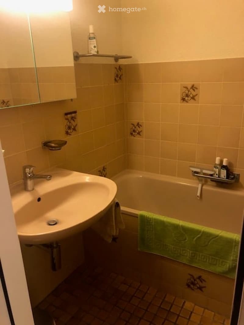 Bathroom with a sink, mirror, bathtub, and a green towel draped over the edge. A small shelf holds a bottle and other items.
