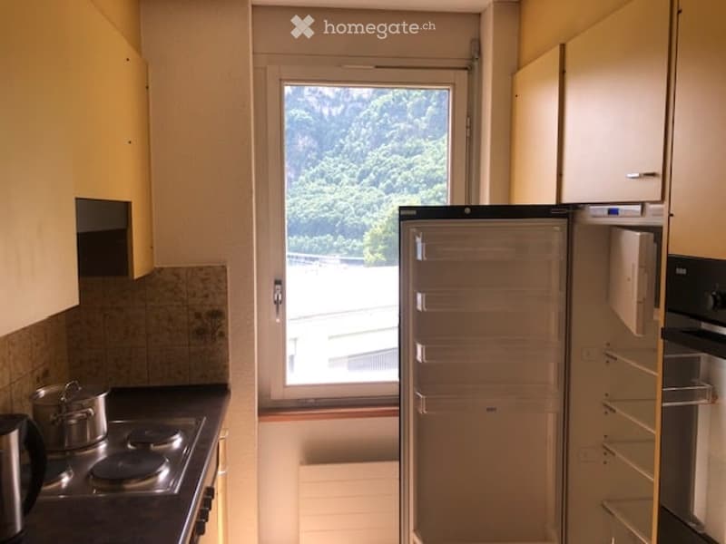 Modern kitchen with light-colored cabinets, a window offering a view of greenery, a refrigerator, stove, and a pot on the counter.