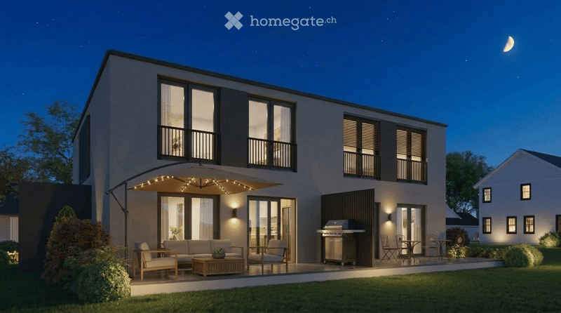 Modern two-story house with large windows, balconies, outdoor patio with furniture, umbrella, and grill.
