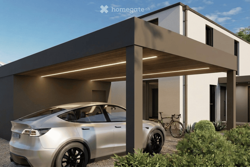 Modern two-story house with a covered garage, featuring a sleek silver car parked inside and a bicycle near the entrance.