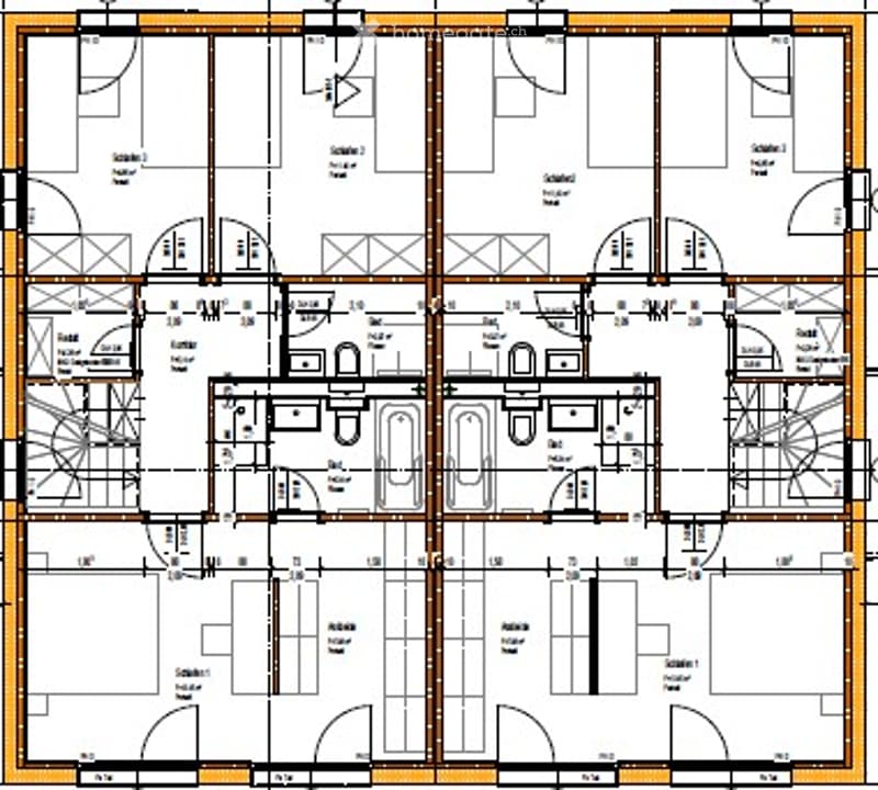 Floor plan of a multi-story residential building with multiple rooms including bedrooms, bathrooms, living areas, and service spaces.