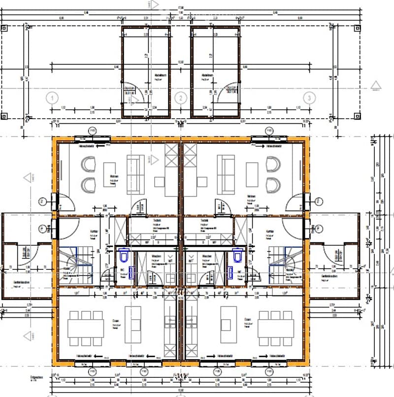 Floor plan of a multi-story building with labeled rooms including a reception area, offices, meeting rooms, and restrooms.