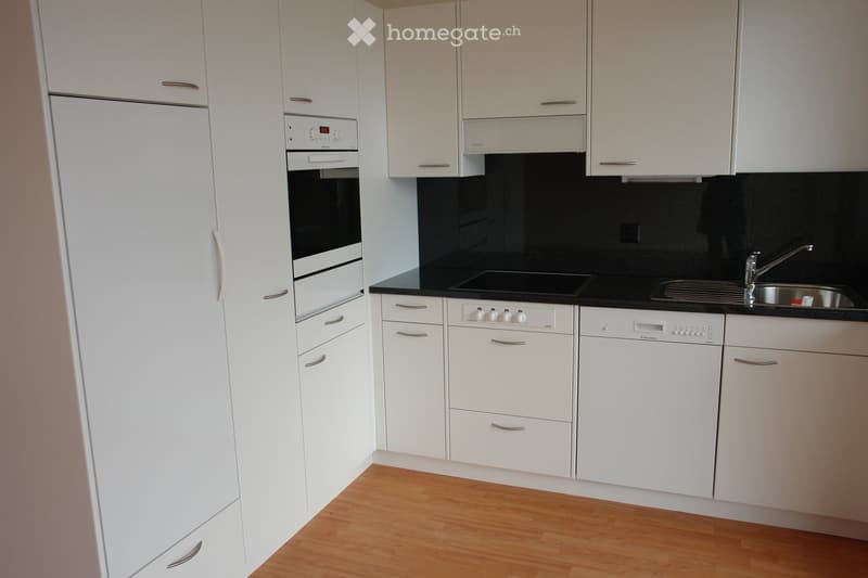 Modern kitchen with white cabinets, stainless steel appliances, and a black countertop.